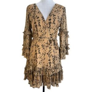 Saints Secrets Tan Black Floral Ruffle Mini Dress Coquette Woodsy Fairy Size‎ M